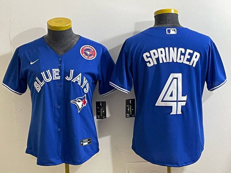 Women 2025 Nike Toronto Blue Jays #4 Springer Blue Game MLB Jersey 05